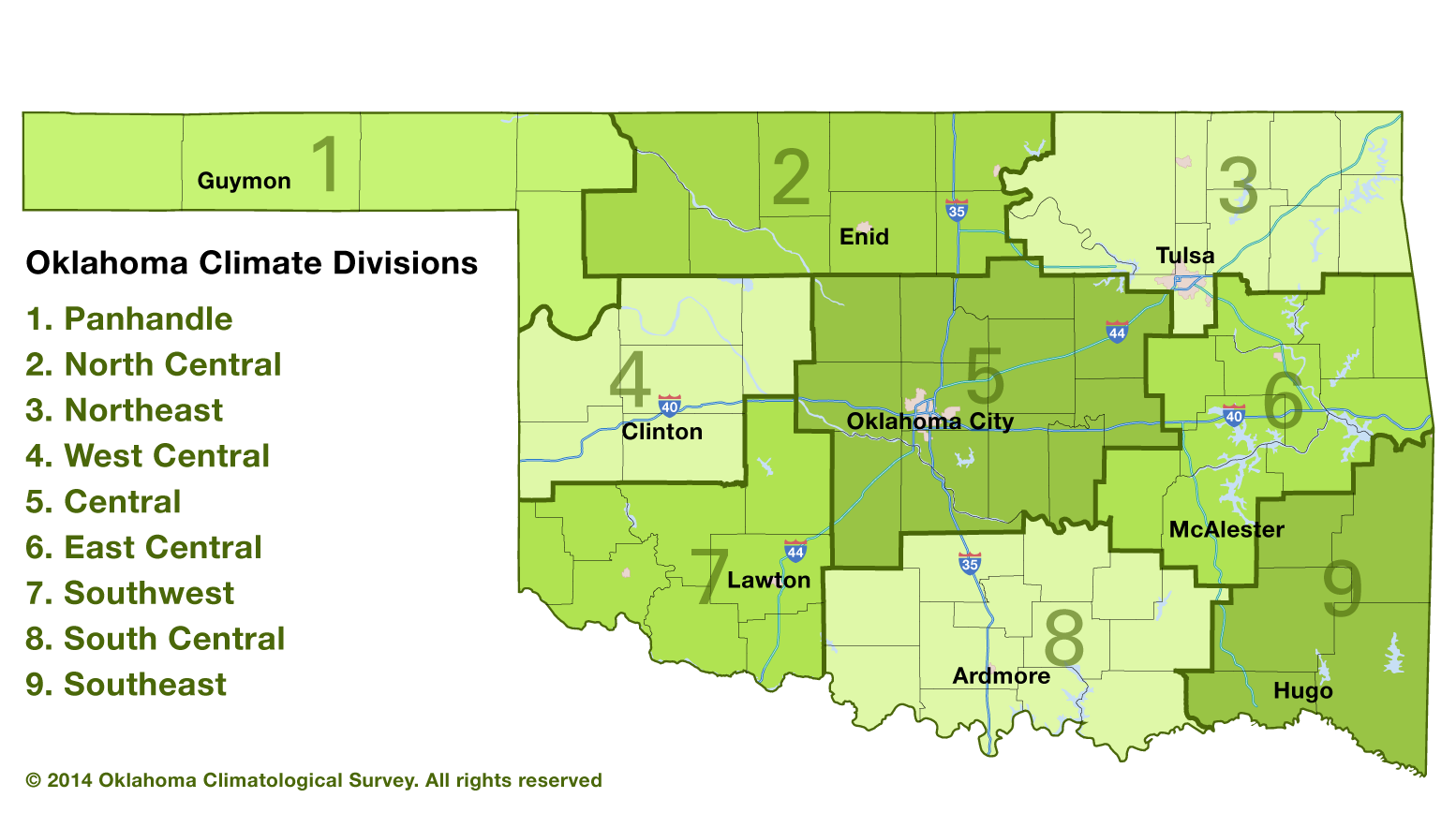 Map of Oklahoma counties with climate divisions displayed. Division 1 is the Panhandle and extreme northwestern Oklahoma, Division 2 is North Central, Division 3 is Northeast, Division 4 is West Central, Division 5 is Central, Division 6 is East Central, Division 7 is Southwest, Division 8 is South Central, and Division 9 is Southeast. Labels are placed on the map for Guymon in Division 1, Enid in Division 2, Tulsa in Division 3, Clinton in Division 4, Oklahoma City in Division 5, McAlester in Division 6, Lawton in Division 7, Ardmore in Division 8, and Hugo in Division 9.